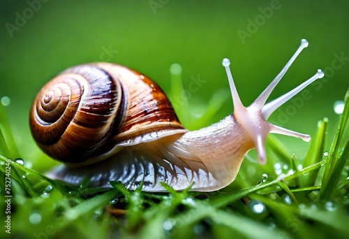 Macro shot of a snail on the grass after the rain. Generative AI