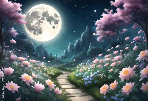 An ethereal moon garden scene, featuring night-blooming flowers under a full moon. Digital art