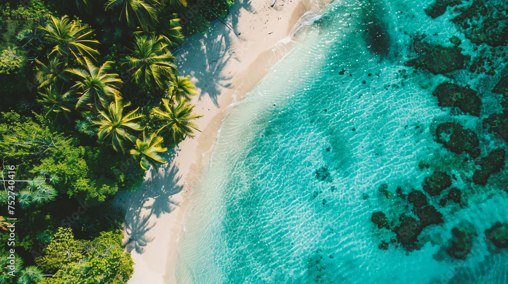 Aerial view of beautiful tropical beach and sea with coconut palm tree for travel and vacation