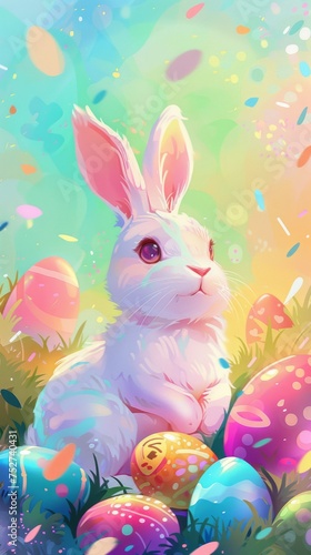 Whimsical Easter Bunny with Colorful Eggs Illustration