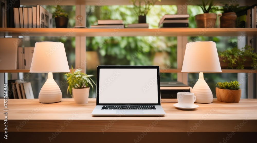 Modern laptop computer on wooden table in cozy home office workspace Modern laptop computer on wooden table in cozy home office workspace