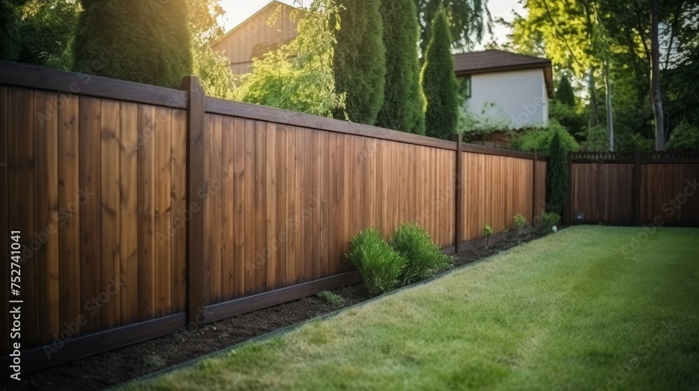 Wooden fence around house. Wooden fence with green lawn.