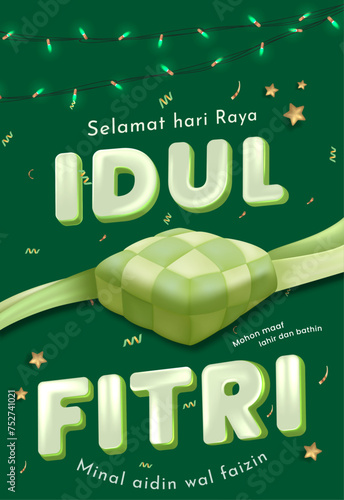 Translation : Happy Eid al Fitr. Eid Mubarak Poster Design with 3D Realistic Green Ketupat Vector Illustration. IDUL FITRI Typography