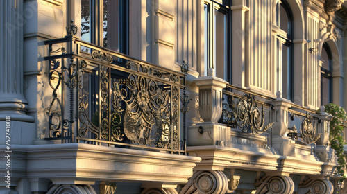 A closer view reveals the intricate details of the facades with decorative columns carved balustrades and ornate iron railings adorning each townhouse. photo