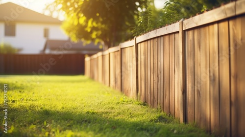 Wooden fence around house. Wooden fence with green lawn.