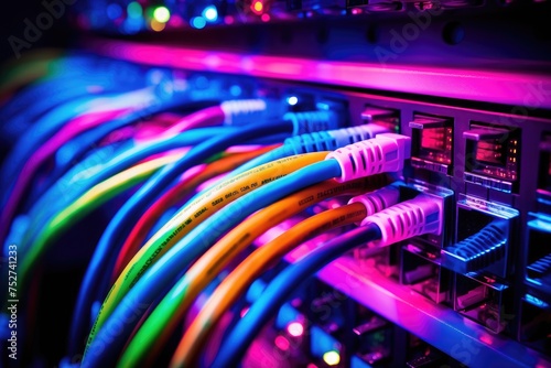 Connection of optical fiber cable technology background, Fiber Optic cables connected to an optic ports in data center, close up of network cables connected to an internet hub, Ai generated