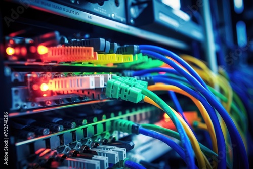 Connection of optical fiber cable technology background, Fiber Optic cables connected to an optic ports in data center, close up of network cables connected to an internet hub, Ai generated