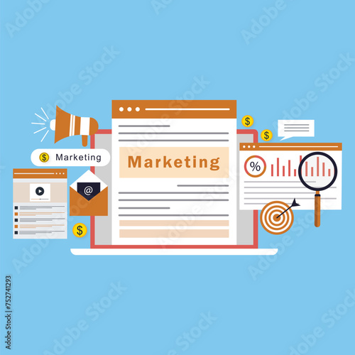 oncept for Digital marketing agency, digital media campaign flat vector illustration