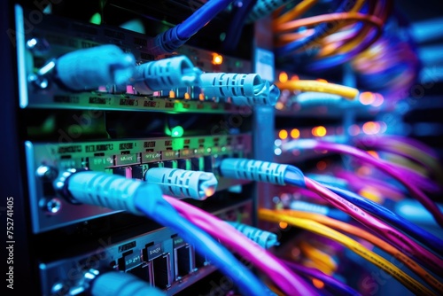 Fiber Optic cables connected to optic ports in the data center, close-up of network cables connected to an internet hub, Connection of optical fiber cable technology background, Ai generated