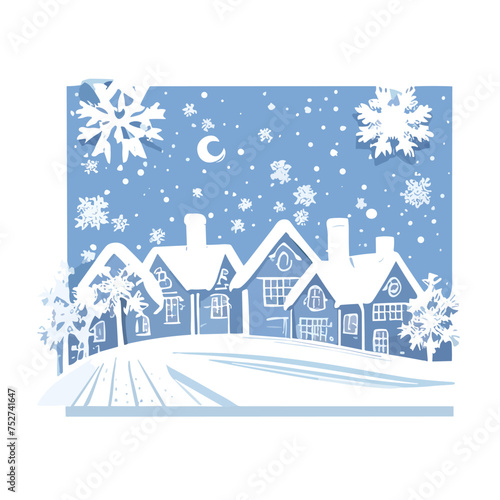 Vector illustration of winter background with copy space. Northern forest animals and village in snow landscape. postcard © luda