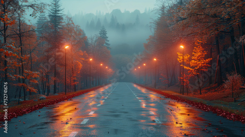 An empty illuminated country asphalt road through the trees and village in a fog on a rainy autumn day  street lanterns close-up  red light. Road trip  transportation  communications  driving.
