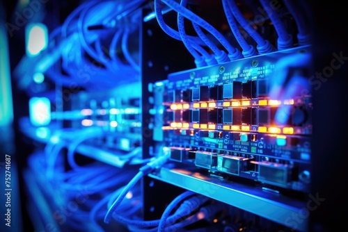 Fiber Optic cables connected to optic ports in the data center, close-up of network cables connected to an internet hub, Connection of optical fiber cable technology background, Ai generated