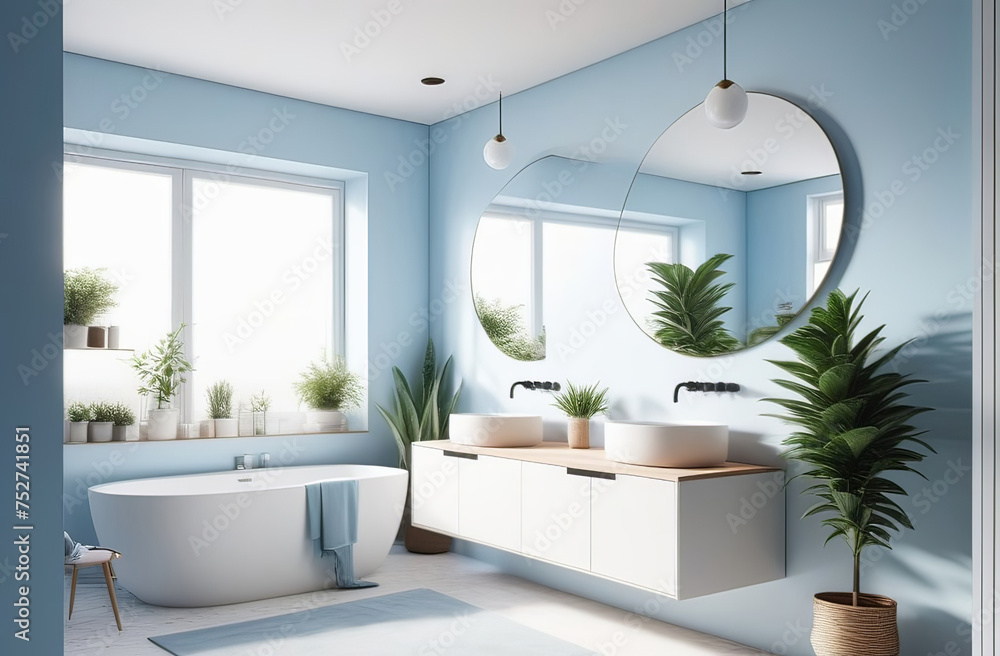 elegant and stylish interior of modern bathroom in natural blue and white colours. High quality illustration elegant and stylish interior of modern bathroom in natural blue and white colours. High quality illustration