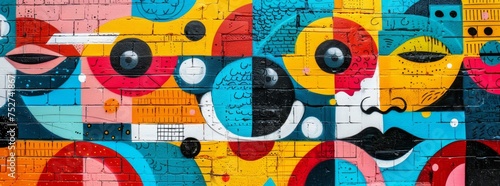 Vibrant street art mural featuring an abstract face with expressive eyes on an urban wall, rich with dynamic patterns and a spectrum of colors.