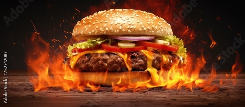burger with dark background and burning fire