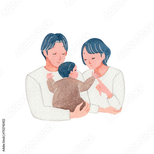 人物 家族 夫婦 赤ちゃん　愛情　水彩 イラスト