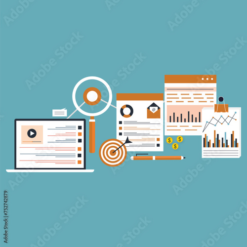 SEO analytics - Web browser window with search engine optimisation graphs, charts and diagrams showing growth and positive results. Semi flat design vector illustration 