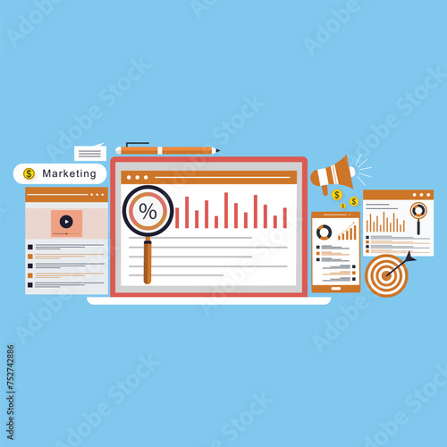 oncept for Digital marketing agency, digital media campaign flat vector illustration