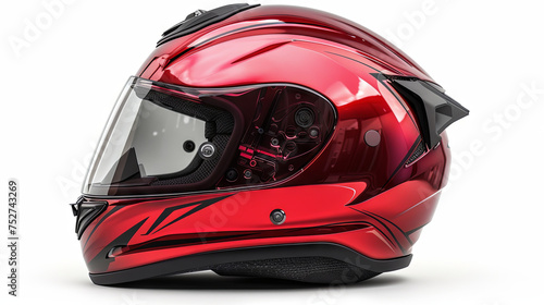 The motorcyclist's helmet, painted in a vibrant red hue, stands prominently against a clean white background, sport concept 