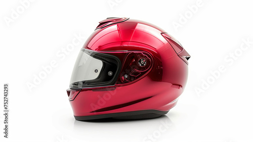 The motorcyclist's helmet, painted in a vibrant red hue, stands prominently against a clean white background, safe concept 