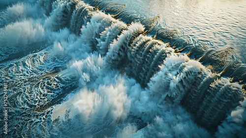 Aerial view of water spilling over a weir from generative ai high quality image photo