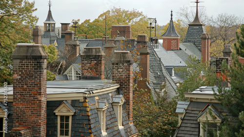 The rooftops of historic townhouses dotted with chimneys and adorned with decorative weathervanes offering a glimpse into the past.
