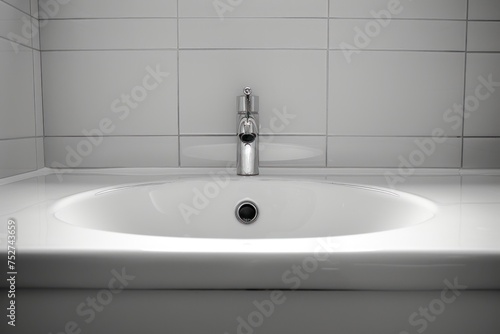 A minimalist bathroom sink with a modern faucet against a backdrop of white subway tiles. Spring cleaning concept.