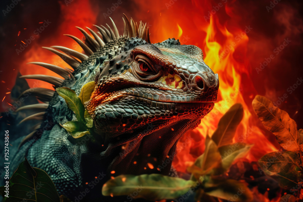 An iguana sits in front of a fire, a symbol of wildlife struggling against environmental destruction from forest fires An iguana sits in front of a fire, a symbol of wildlife struggling against environmental destruction from forest fires