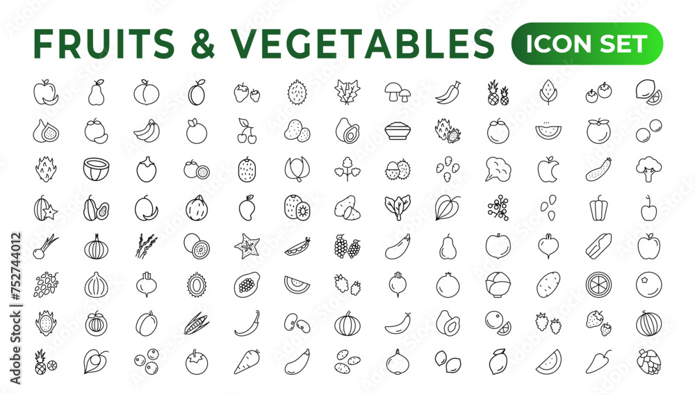 Fruits and vegetables line icons collection. Big UI icon set in a flat design. Thin outline icons pack. Vector illustration. Fruits and vegetables icons set. Food vector illustration.Outline icon set.