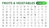 Fruits and vegetables line icons collection. Big UI icon set in a flat design. Thin outline icons pack. Vector illustration. Fruits and vegetables icons set. Food vector illustration.Outline icon set.