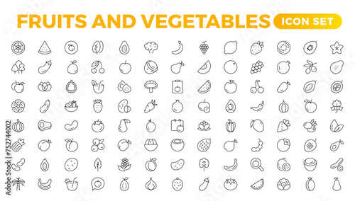 Fruits and vegetables line icons collection. Big UI icon set in a flat design. Thin outline icons pack. Vector illustration. Fruits and vegetables icons set. Food vector illustration.Outline icon set.