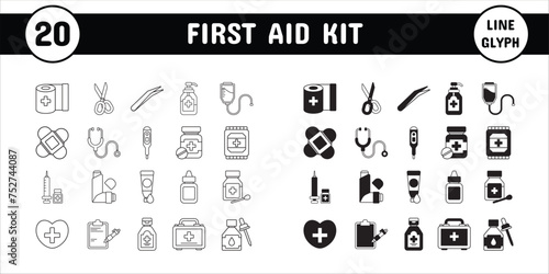 First Aid Kit Line Glyph Vector Illustration Icon Sticker Set Design Materials