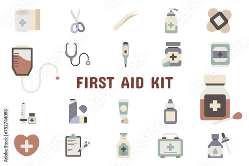 First Aid Kit Flat Vector Illustration Icon Sticker Set Design Materials