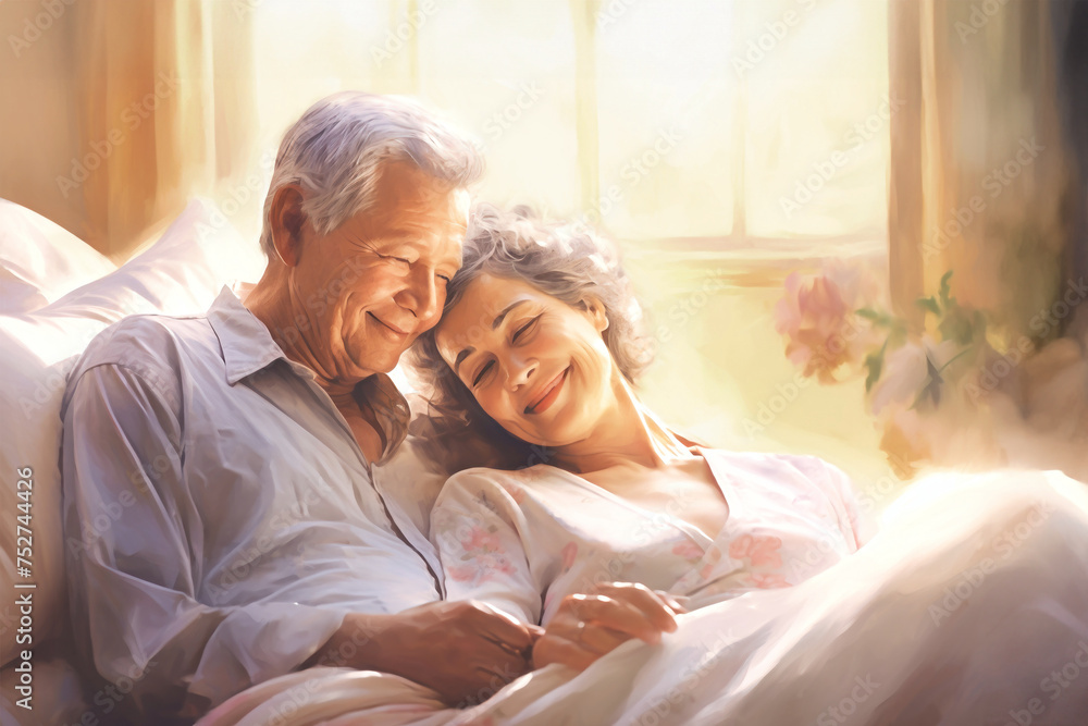An elderly man and woman lie side by side on a bed, showcasing love and companionship An elderly man and woman lie side by side on a bed, showcasing love and companionship