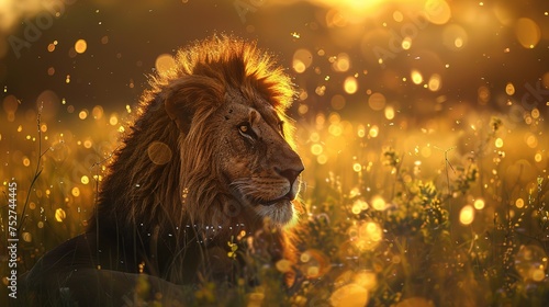 Lion on the prairie wide land sun setting on the horizon ai generated