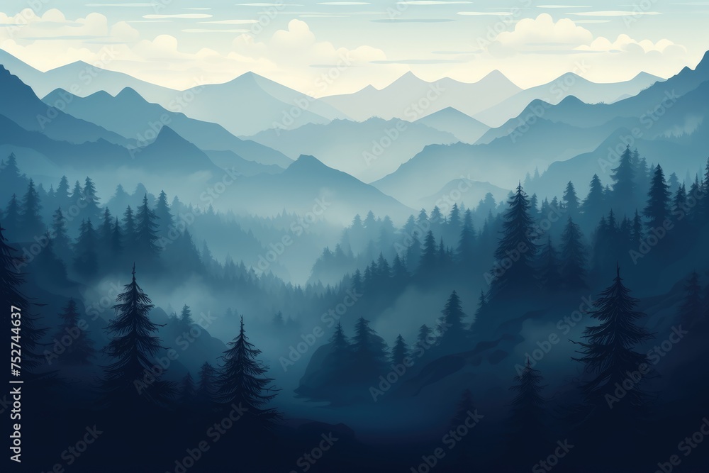 Foggy morning in the mountains. Landscape with coniferous forest and mountains, Photo realistic illustration of mountains forest fog morning mystic, Ai generated