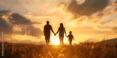 Silhouetted family holding hands in a field at sunset, with golden light and a vibrant sky © Shutter2U