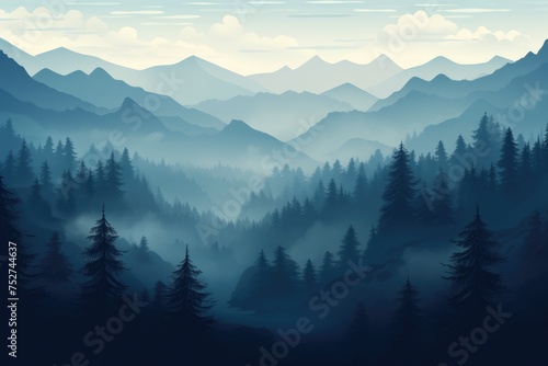 Foggy morning in the mountains. Landscape with coniferous forest and mountains, Photo realistic illustration of mountains forest fog morning mystic, Ai generated photo