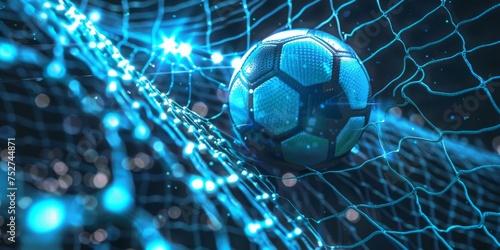 Delightful soccer goal ball in net blue with light bursts 3D