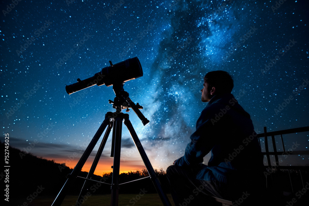Man sitting outside and looking through a big telescope at the night sky full of stars