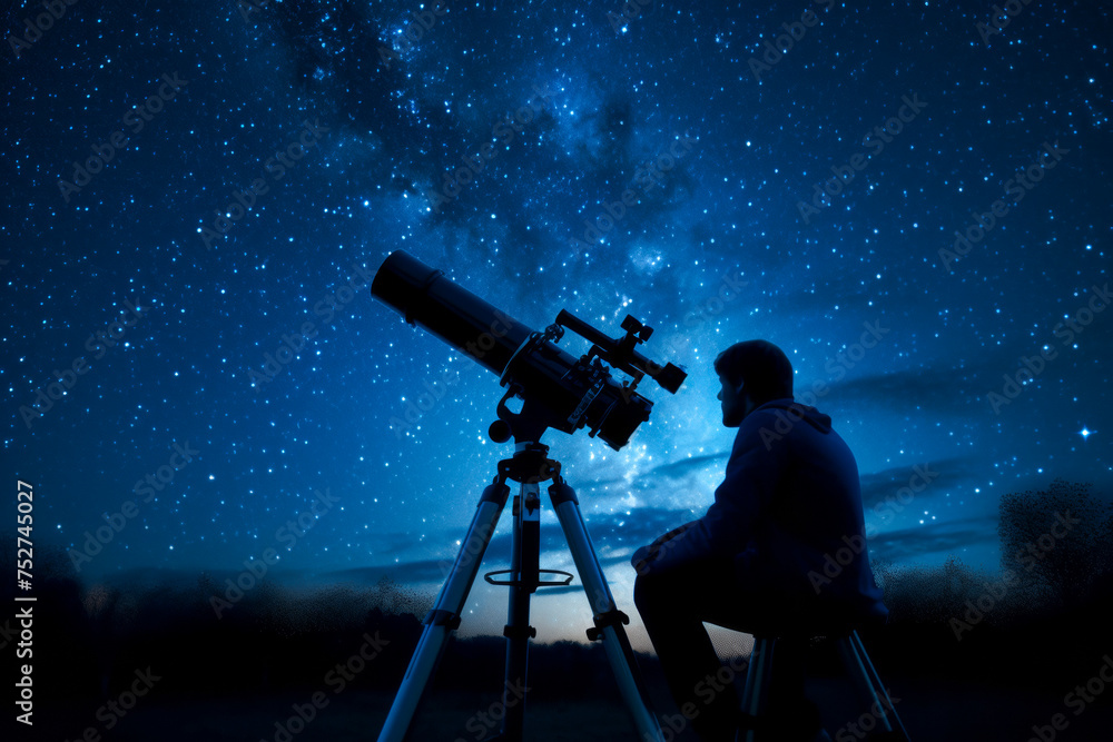 Man sitting outside and looking through a big telescope at the night sky full of stars