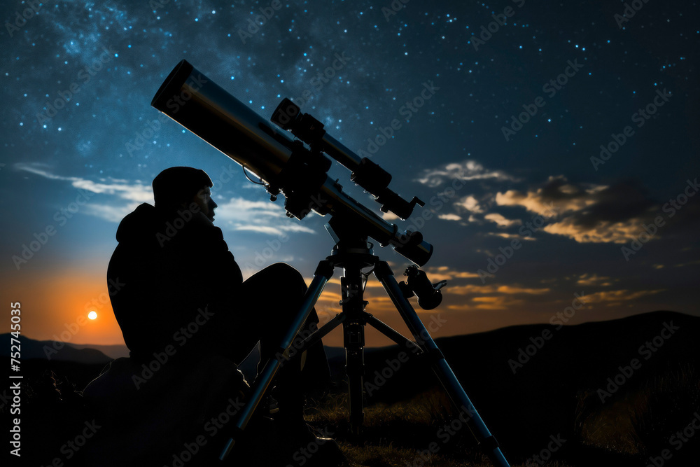 Man sitting outside and looking through a big telescope at the night sky full of stars