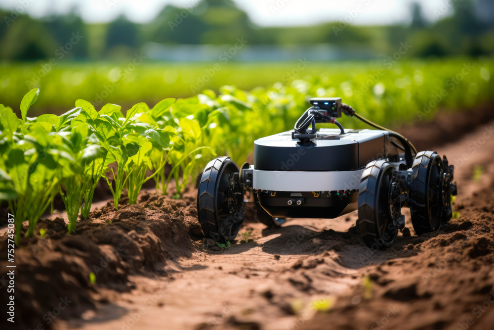 high-tech robot, designed for agricultural tasks, tending to a garden bed, moving on tracks with precision tools to care for young plants, fusion of robotics with sustainable farming practices high-tech robot, designed for agricultural tasks, tending to a garden bed, moving on tracks with precision tools to care for young plants, fusion of robotics with sustainable farming practices