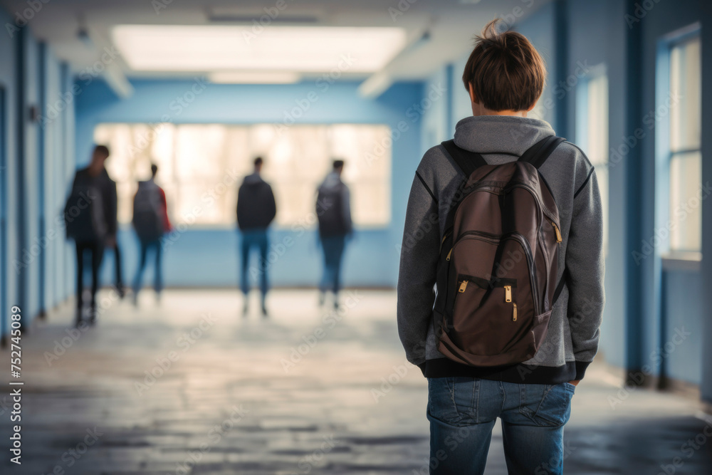 Fototapeta premium solitary teenage boy stands in a school hallway, his eyes downcast, his posture and expression revealing signs of depression, stress, and the heavy weight of bullying