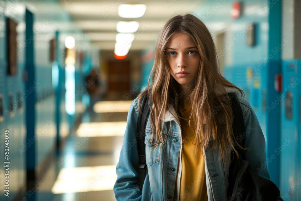 solitary teenage girl stands in a school hallway, her eyes downcast ...