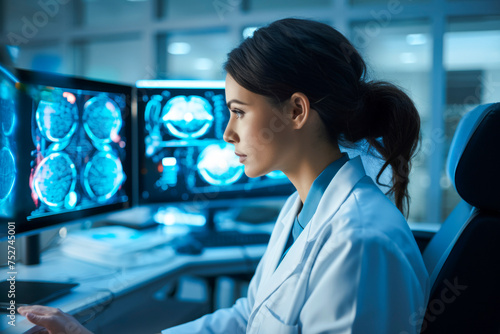 An expert female neurologist deeply engrossed in examining brain scans, utilizing innovative medical technology for diagnosis, highlighting her proficiency and expertise