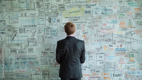 A businessman standing in front of a whiteboard drawing a visual representation of a SWOT analysis to better understand their competitors positioning and potential threats.