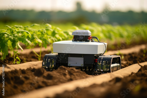 high-tech robot, designed for agricultural tasks, tending to a garden bed, moving on tracks with precision tools to care for young plants, fusion of robotics with sustainable farming practices