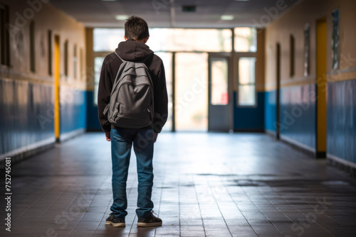 solitary teenage boy stands in a school hallway, his eyes downcast, his posture and expression revealing signs of depression, stress, and the heavy weight of bullying © MVProductions