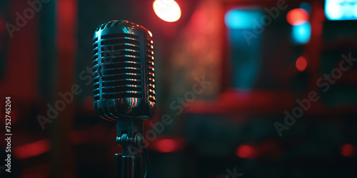 Close-up of a vintage microphone with a red and blue neon light background in a moody jazz bar atmosphere. Place for text.